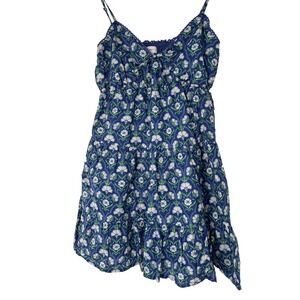 Japna Blue Floral Mini Dress Boho Summer Tiered babydoll Tie front lined cottage
